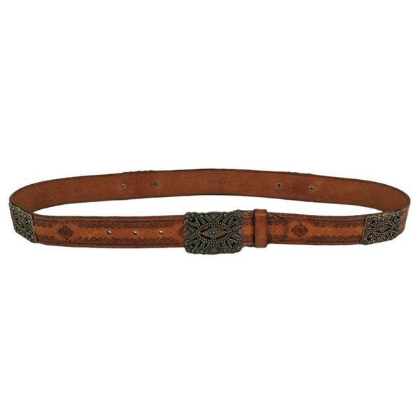 Fossil Belt L 40in Brown Gold Tooled Genuine Leather Metal Buckle Accent Adjusts - Picture 10 of 10